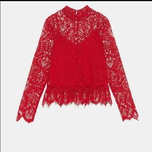 Zara Red Lace High Neck Long Sleeve Blouse
